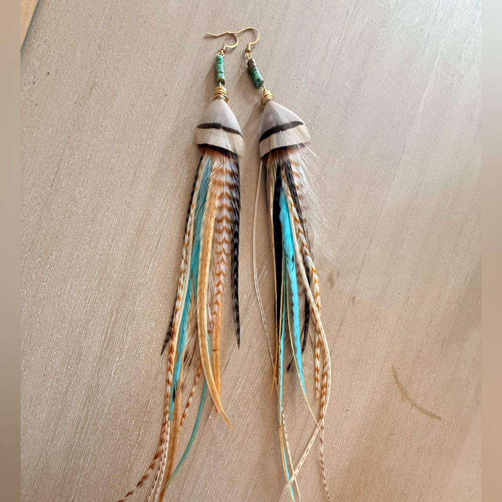 Feather Drop Earrings in Turquoise and Tan
